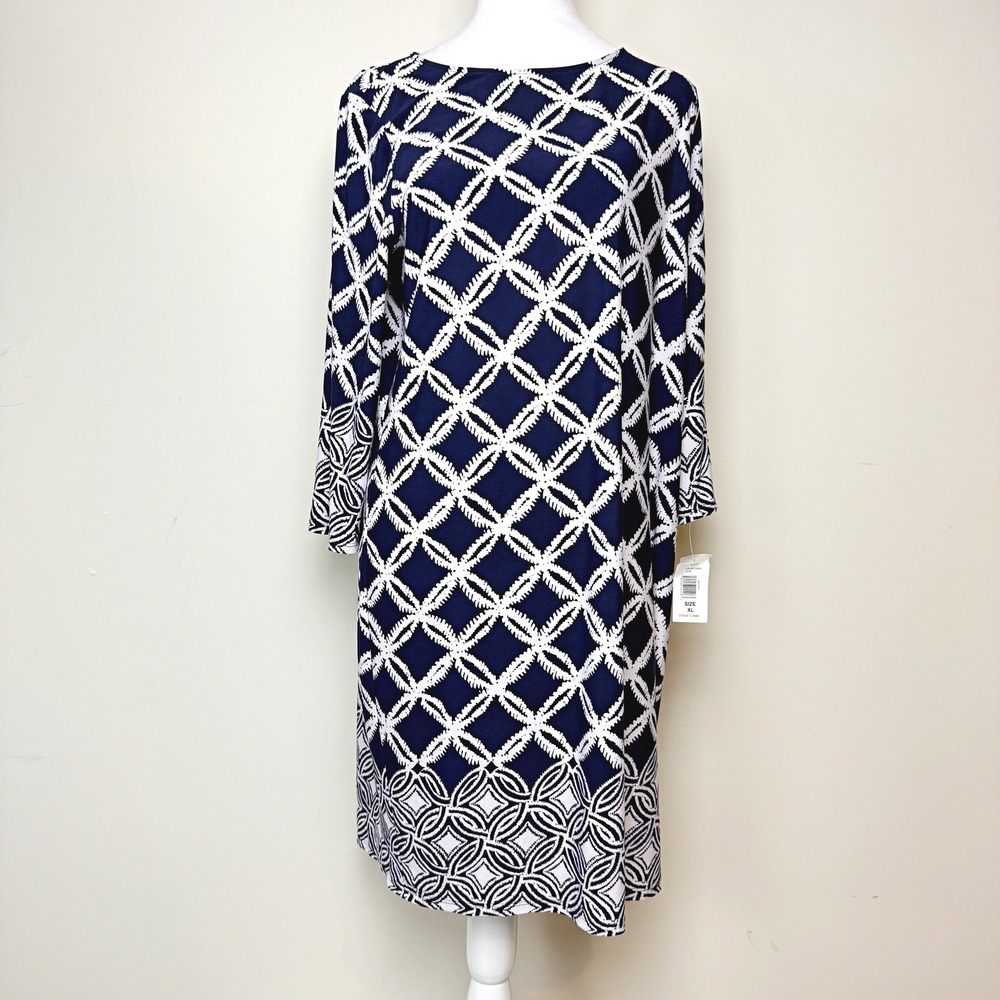 Neiman‎ Marcus Sheath Dress Size XL Womens Navy Ivory Lattice Print 3/4 Slv NEW